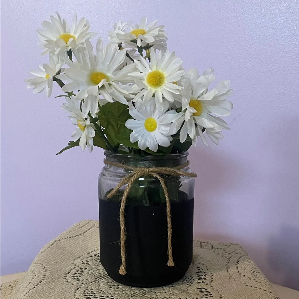 Artificial White Daisy Arrangement in Glass Jar with black paint